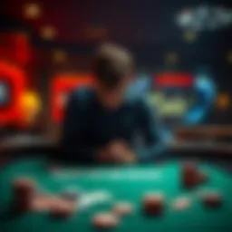 A somber photo of a person sitting alone at a dimly lit casino table, surrounded by playing cards and chips, showing signs of distress.