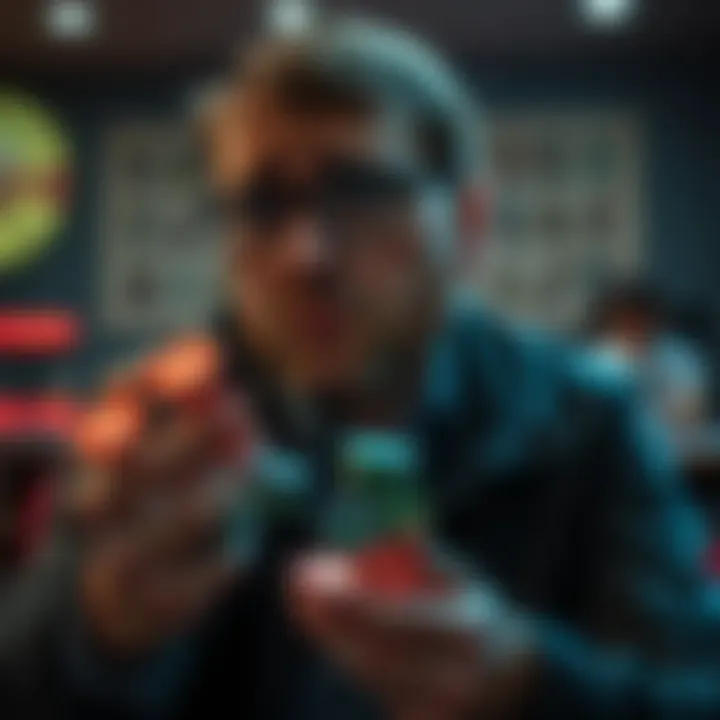 A person looking distressed while holding gambling chips, reflecting on their struggles with addiction and debt