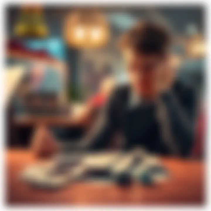 A person sitting at a table with a worried expression, looking at a pile of money and a few dice on the table, symbolizing their internal conflict with gambling.