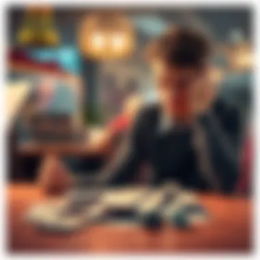 Person reflecting on gambling struggles A person sitting at a table with a worried expression, looking at a pile of money and a few dice on the table, symbolizing their internal conflict with gambling.