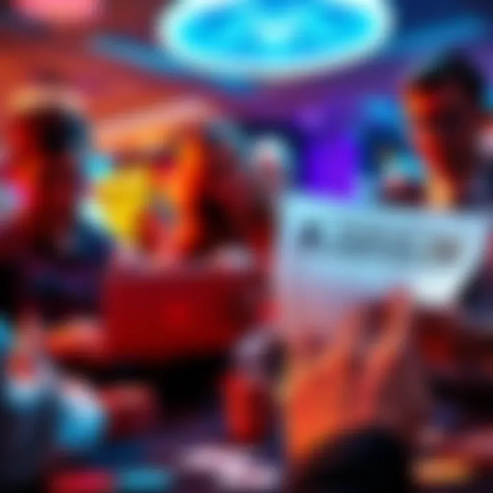 People engaging with a survey about gambling issues, showing various gambling elements like dice, cards, and a questionnaire.