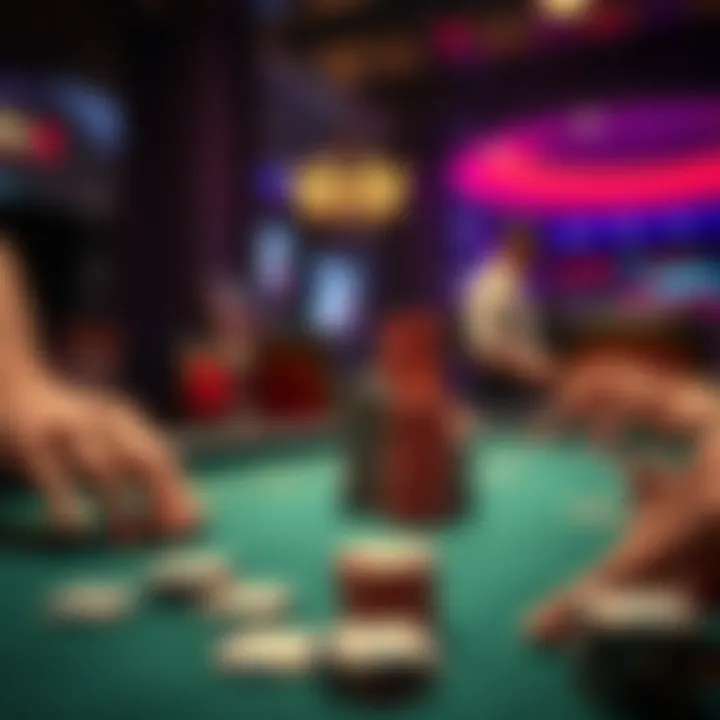 A person placing a large stack of chips on a poker table, showing a high-stakes game atmosphere