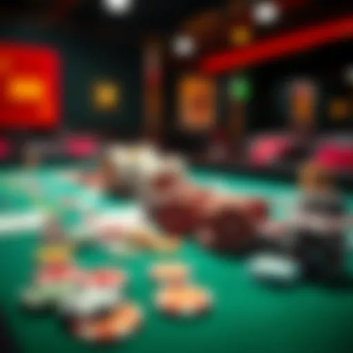 A vibrant gambling table filled with colorful chips and playing cards, showcasing excitement and risk in gaming.