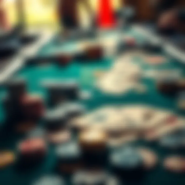 A gambling table covered with poker chips and playing cards, highlighting the risk of losing money in gambling.