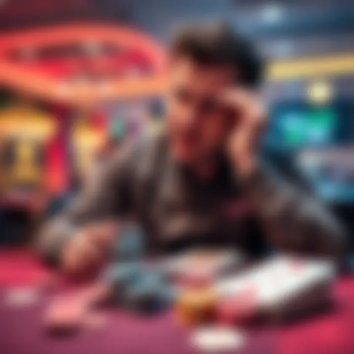 A person sitting at a gambling table, winning chips, looking excited but concerned about the outcome.