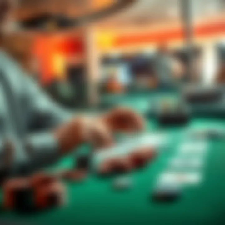 A person analyzing a gaming strategy on a table with cards and chips