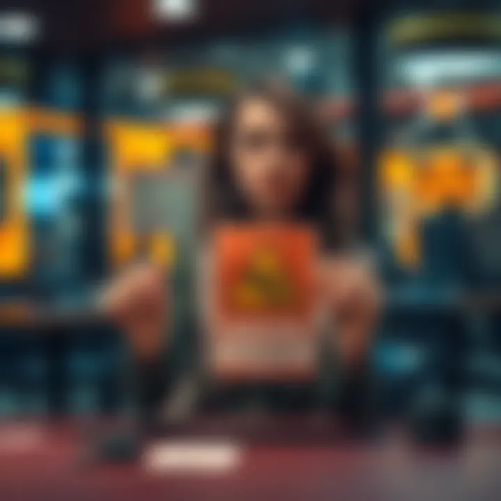 A concerned person sitting at a table, holding a gambling flyer with a warning message about the dangers of betting.