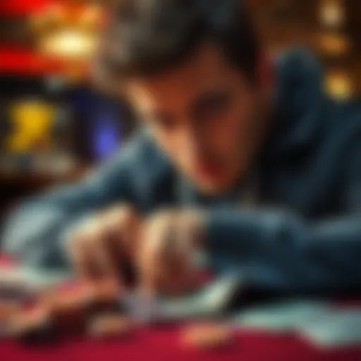 A person examining gambling chips and cash on a table, reflecting on a recent win and loss in gambling.