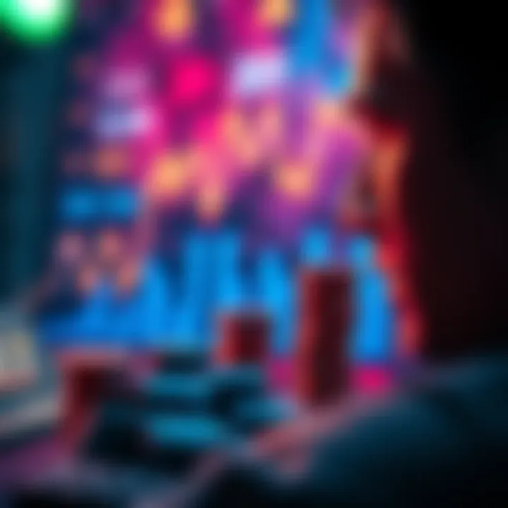 A person looks at a stack of chips and a chart fluctuating between high and low values, representing the ups and downs of gambling.