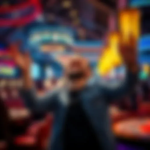 A person celebrates a big win at a casino, displaying excitement and joy with chips in hand.