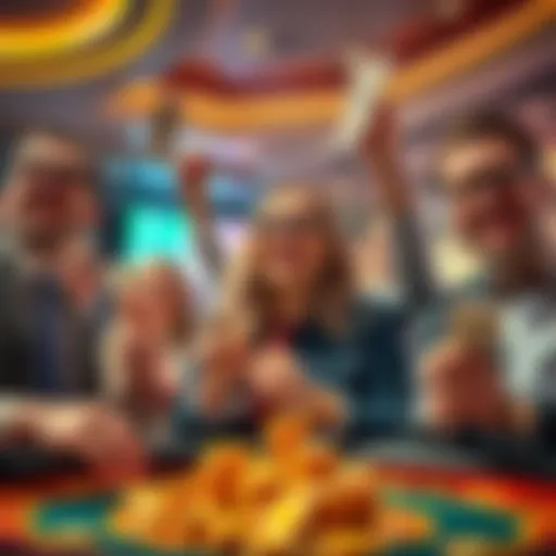 A group of happy gamblers celebrating big wins at a casino, with chips and cash in hand.