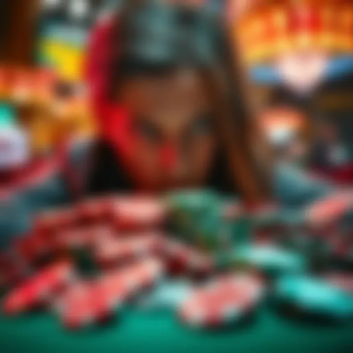 A person looking at a pile of gambling chips with a concerned expression, reflecting on their year of gambling experiences.