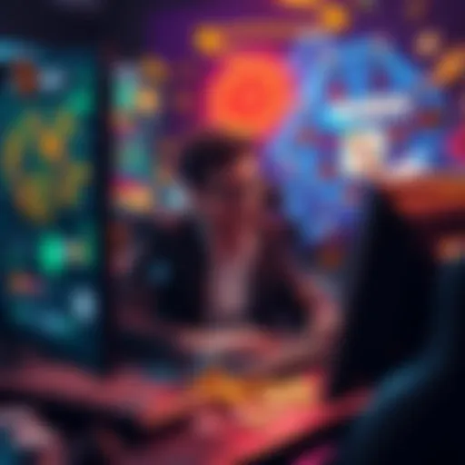 A person sitting at a computer, excitedly playing in a cryptocurrency casino, surrounded by digital coins and game graphics.
