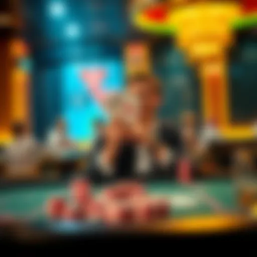 A person sitting at a casino table with chips, looking excited while holding a winning hand of cards.