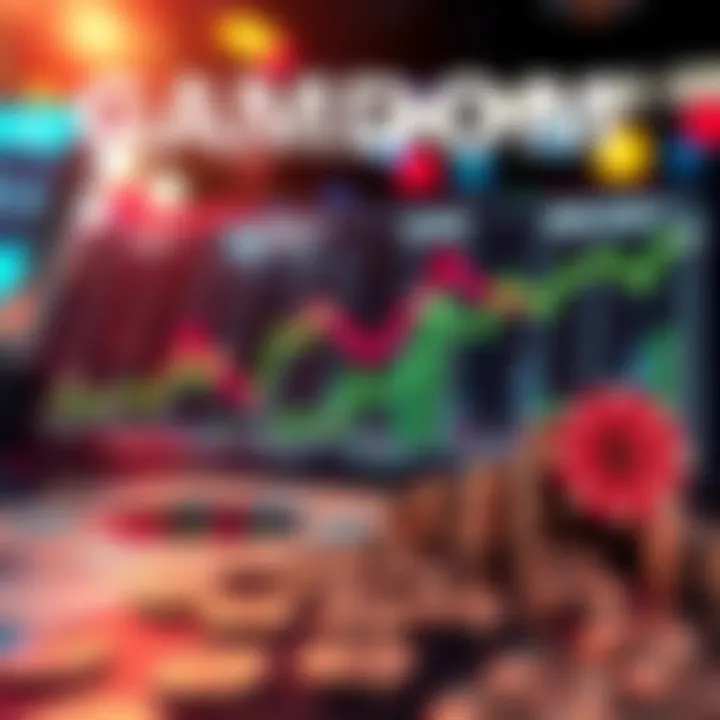 A visual representation of gaming losses showing charts and money symbols, reflecting a monthly loss of over $250 at GAMDOM.