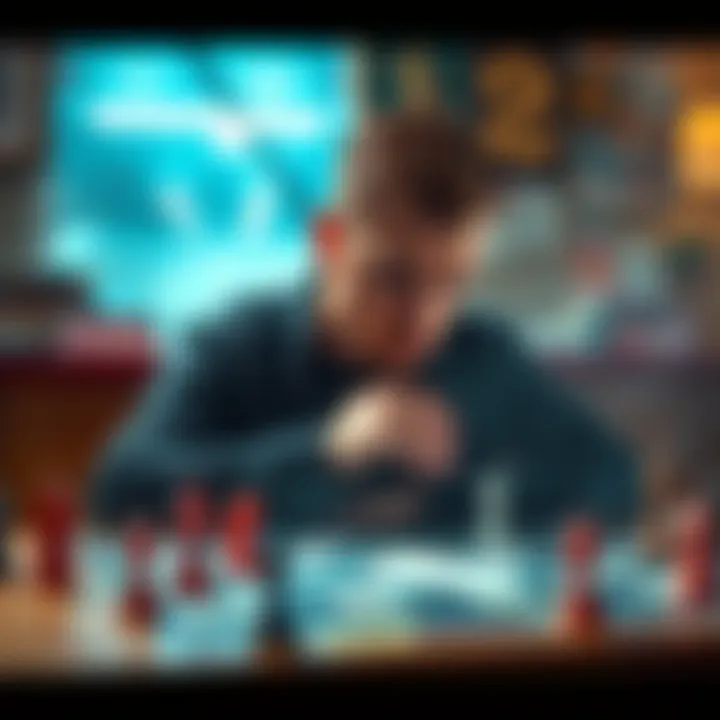 A person looking thoughtful while sitting at a table with a board game, showing signs of frustration after losing