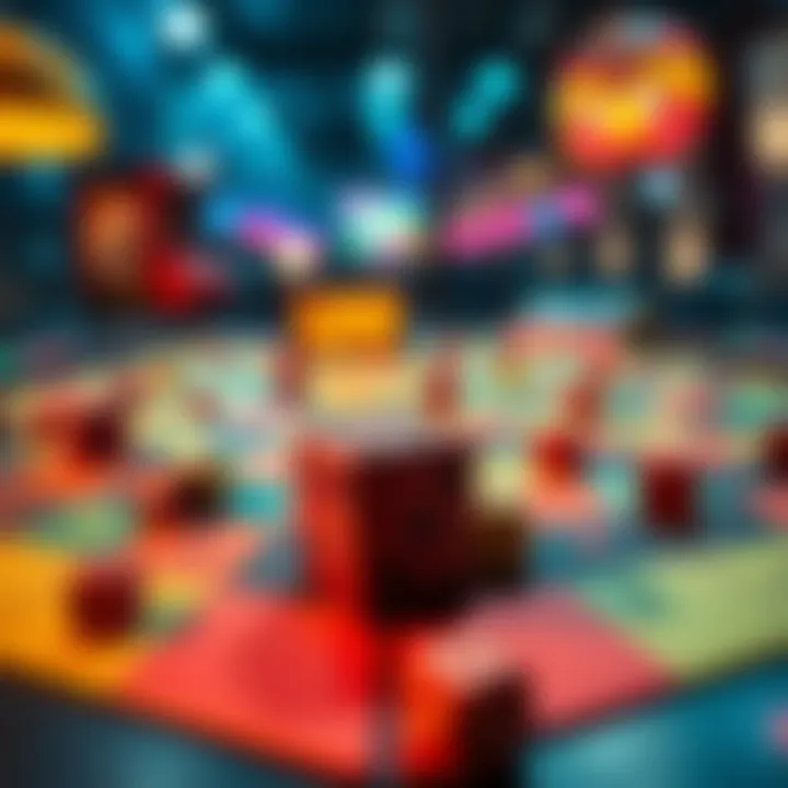 A colorful game board set up with dice and scattered tips for $20 games