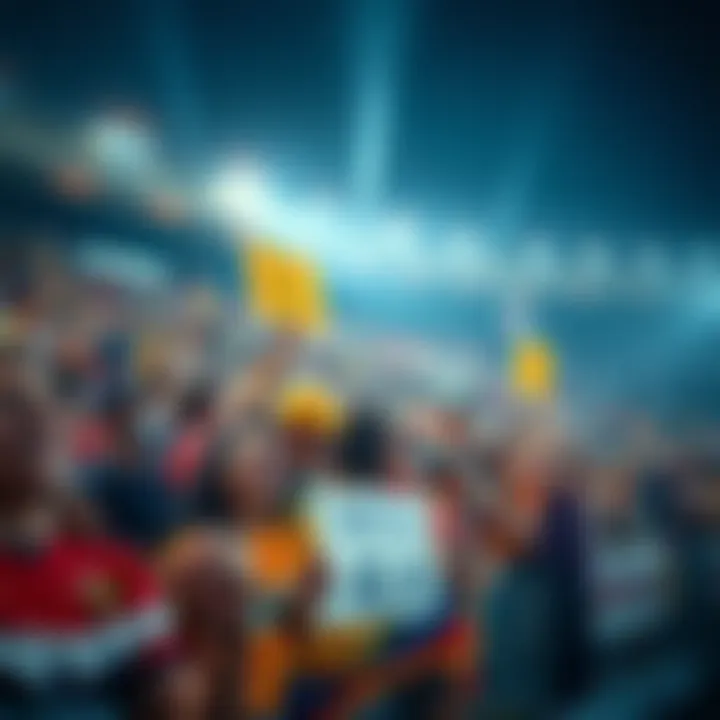 Exciting game day atmosphere A crowd of fans wearing team colors, cheering and holding signs during a game.