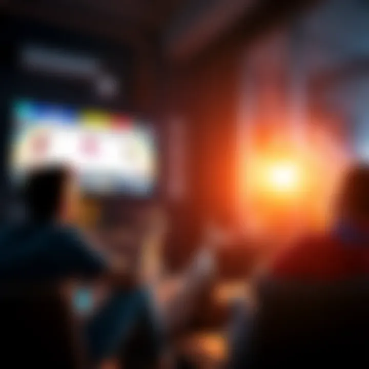 A group of excited friends gathered around a TV, watching a basketball game, discussing betting strategies and outcomes.