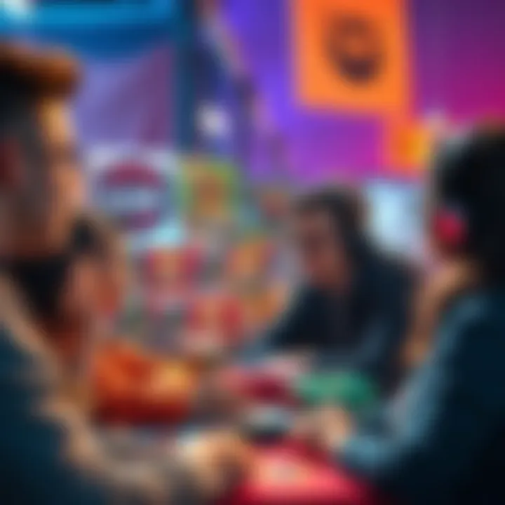 People sharing their thoughts on a game offer with colorful game boxes in the background