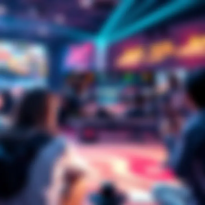 A vibrant scene featuring a popular video game being played, with excited players and colorful graphics on screen.