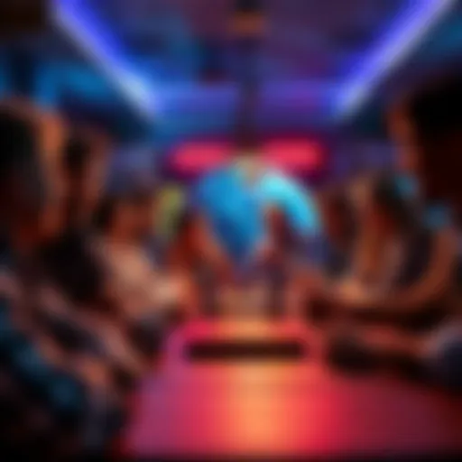 A vibrant game scene with people gathered around a table, excitedly discussing strategies for an 8-way game.