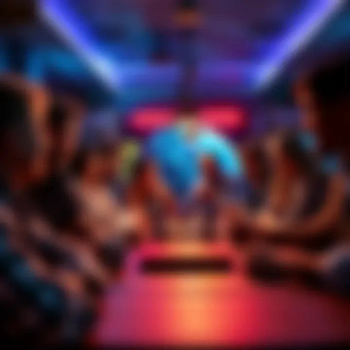 A vibrant game scene with people gathered around a table, excitedly discussing strategies for an 8-way game.