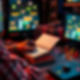 A person writing down game strategies and tips in a notebook, surrounded by game pieces and a gaming console.