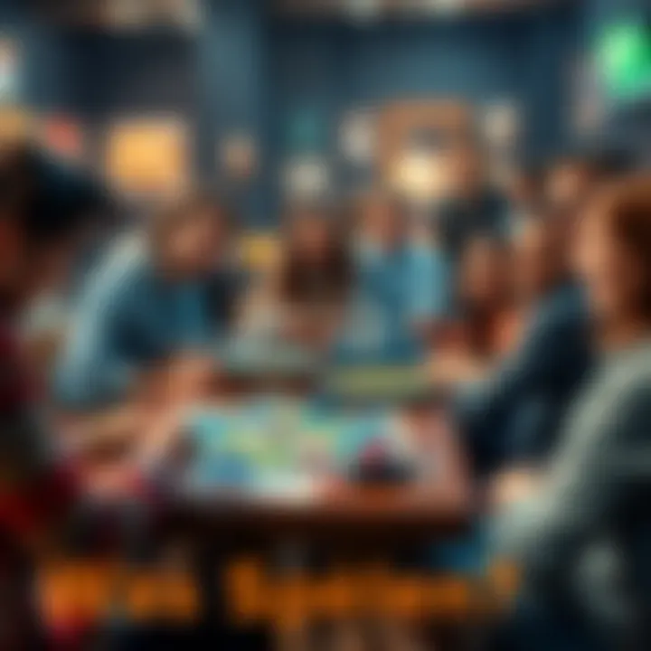A lively scene showing people playing various board games with smiles and excitement