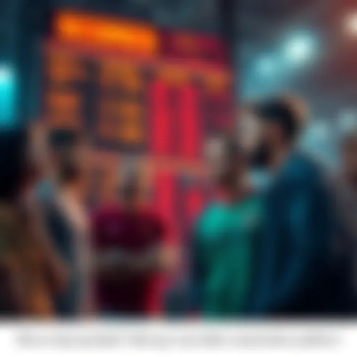 A group of players discussing scores on a scoreboard with confused expressions.