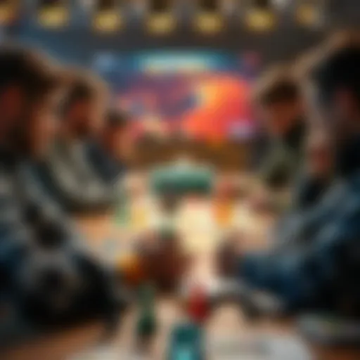 A group of people discussing strategies for board games with colorful game pieces and cards on the table