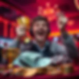 Person celebrating while cashing out gaming winnings with a trophy and coins around