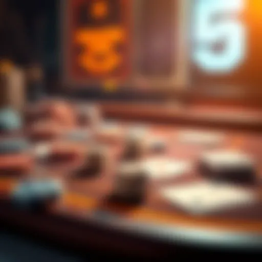 A visual representation of a gambling strategy round featuring dice and cards on a table