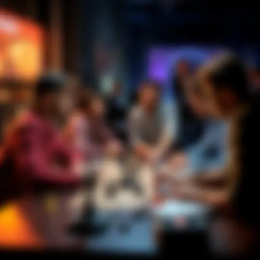 Group of people discussing game strategies at a table with game pieces and notes