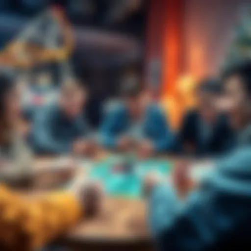 Game Strategy Planning A group of friends gathered around a table strategizing their game plans with cards and dice in hand