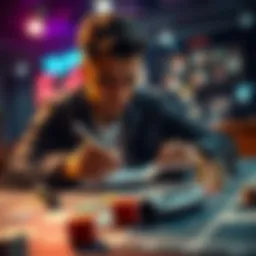 A player focusing on improving their game strategy with a notepad and dice on a table