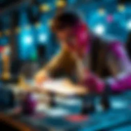 A player analyzing a gaming board while taking notes on strategies for improvement in challenging situations.