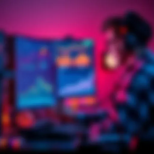 A gamer analyzing time spent on games and backoffs while sitting in front of a computer with charts and graphs on the screen.