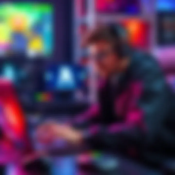 A focused gamer using a laptop to place a skill-based bet on a betting website, surrounded by gaming gear