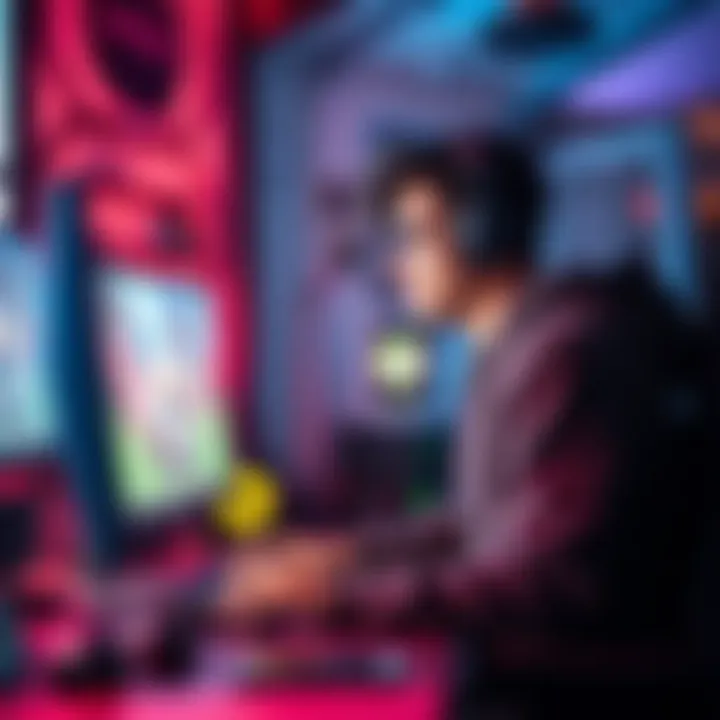 A determined gamer sitting at a desk, focused on a computer screen with gaming content, surrounded by a few gaming accessories, representing a journey to reach a gaming rank of Plat 2.