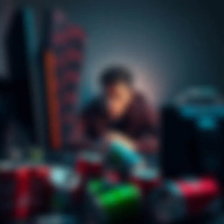 A man looking distressed at his computer, surrounded by empty soda cans and game paraphernalia, symbolizing gambling and skin trading issues.