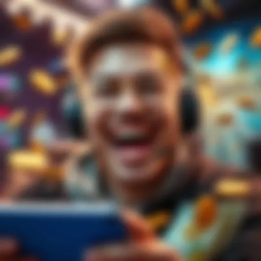 A gamer with a joyful expression, surrounded by coins and cash, symbolizing easy money wins in gaming.