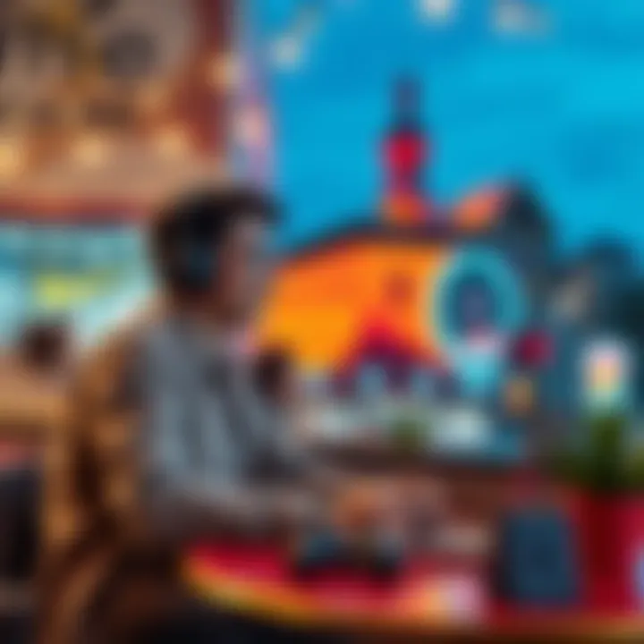 Person playing video games on a laptop at a café in a foreign country