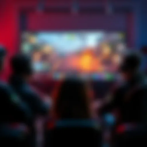 A group of gamers discussing new gaming requirements in front of a screen showing game graphics