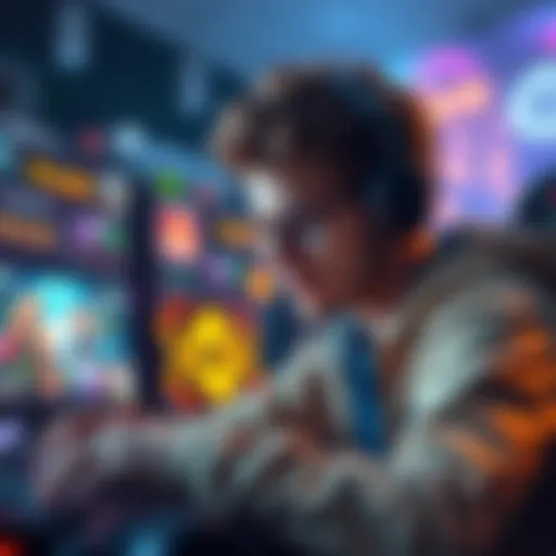 A player focusing on a video game strategy, with colorful graphics and game elements in the background.