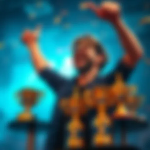 A person joyfully celebrating a gaming victory with trophies and game controllers around them.