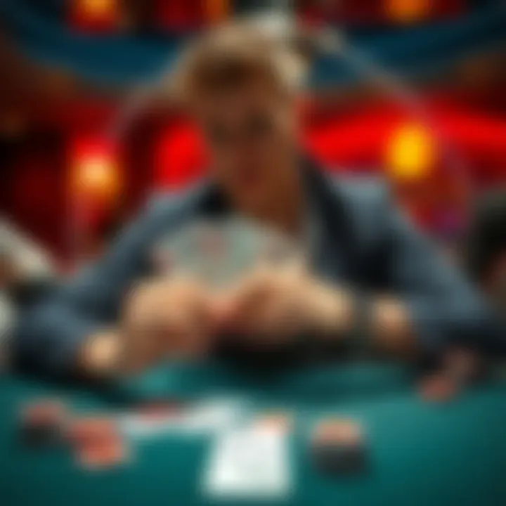 Garrett Adelstein All-in Decision Garrett Adelstein making an all-in move with a hand showing a Queen high at a poker table, showing confidence and determination.