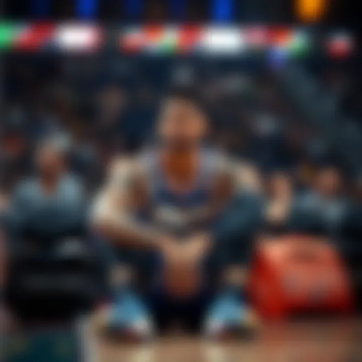 Gary Trent Jr. sitting on the bench with a concerned look after getting injured in the first quarter of a basketball game.