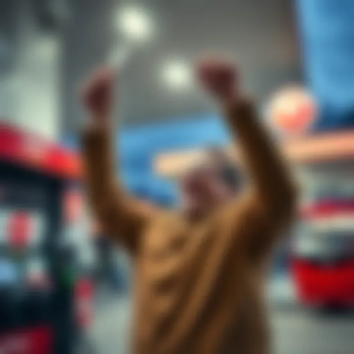 A person celebrating with cash at a gas station after winning a small lottery.