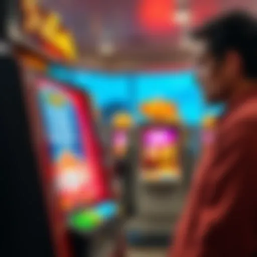 A gas station slot machine showing lower payout amounts, with a concerned player looking on